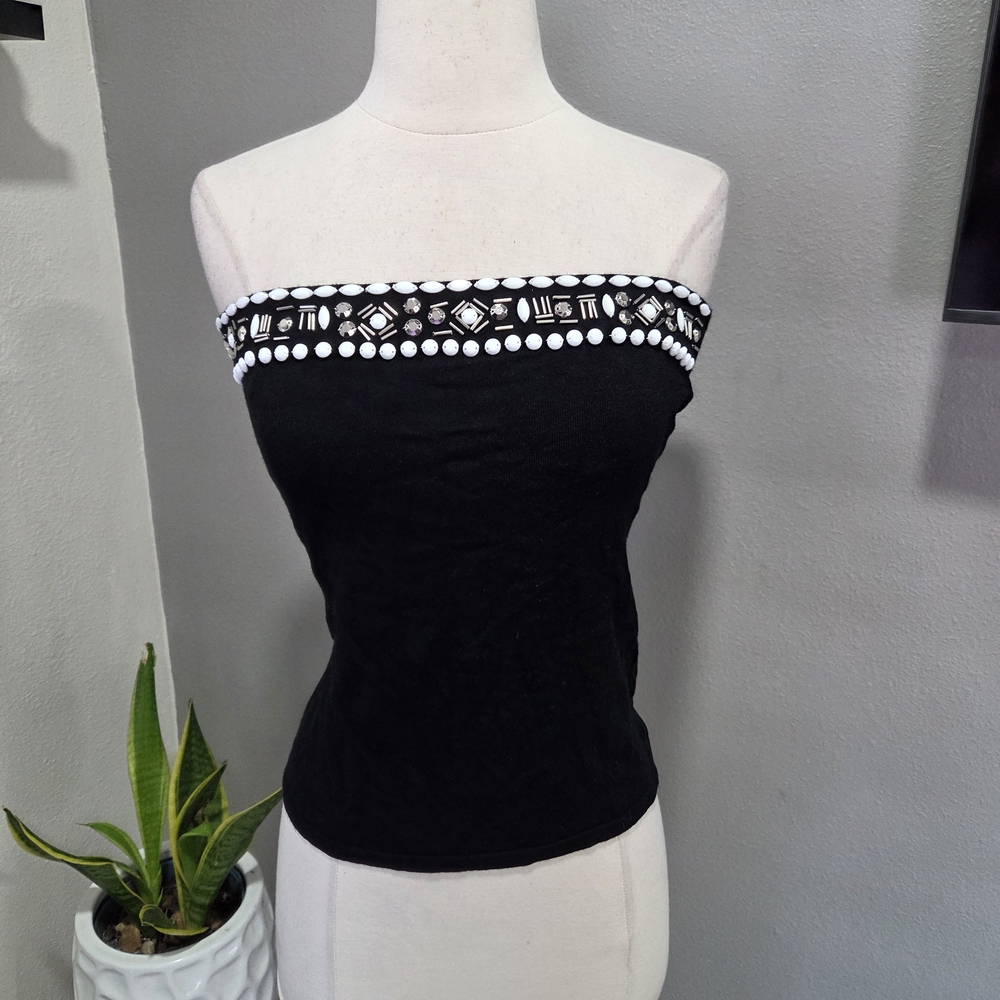 White House Black Market Black Strapless Crop Top with Embellished Trim
